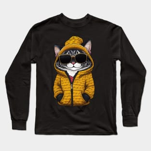 Cool Cartoon Cat in Jacket, Cap, and Sunglasses 2 Long Sleeve T-Shirt